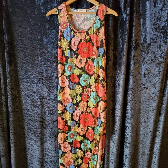 Noble U black and floral rainbow tank sleeveless asymmetrical hem slinky dress - Picture 2 of 7